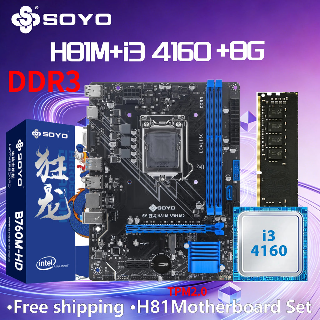 H81M Gaming Motherboard TPM GDDR3 i3 4160 CPU 8G*1 ram comboIntel Kit xeon B85 LGA1150 PCIe3.0x16 M.2 SATA3.0 8pin HDMI VGA SOYO