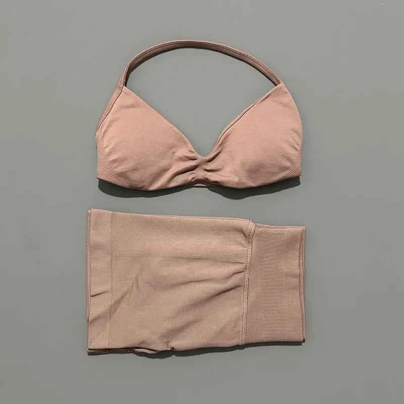 HISTELLO Gym Set 2 Piece Women Strappy Yoga Bra Top Workout Scrunch Shorts Sports Suit Fitness Clothes Seamless Yoga Set