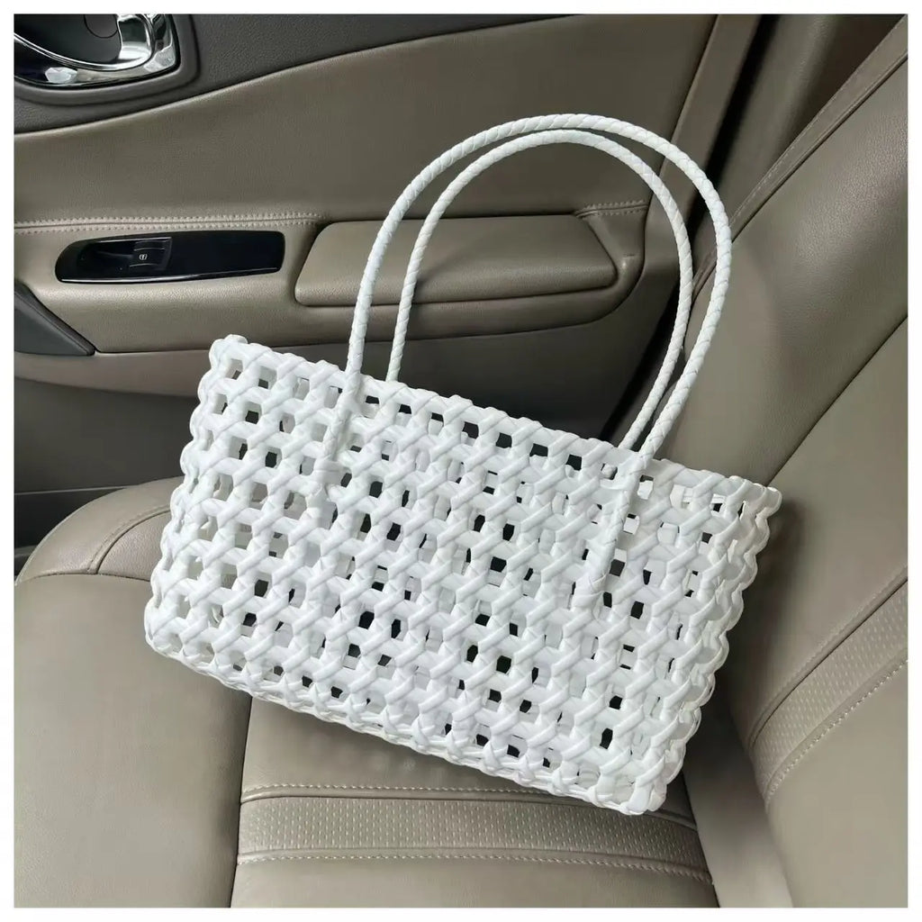 1pcs Plastic Hollow Weave Bag Countryside Style Large Capacity Beach Tote Bag Bucket Bag Bohemian Style Woman PVC Handbag Summer