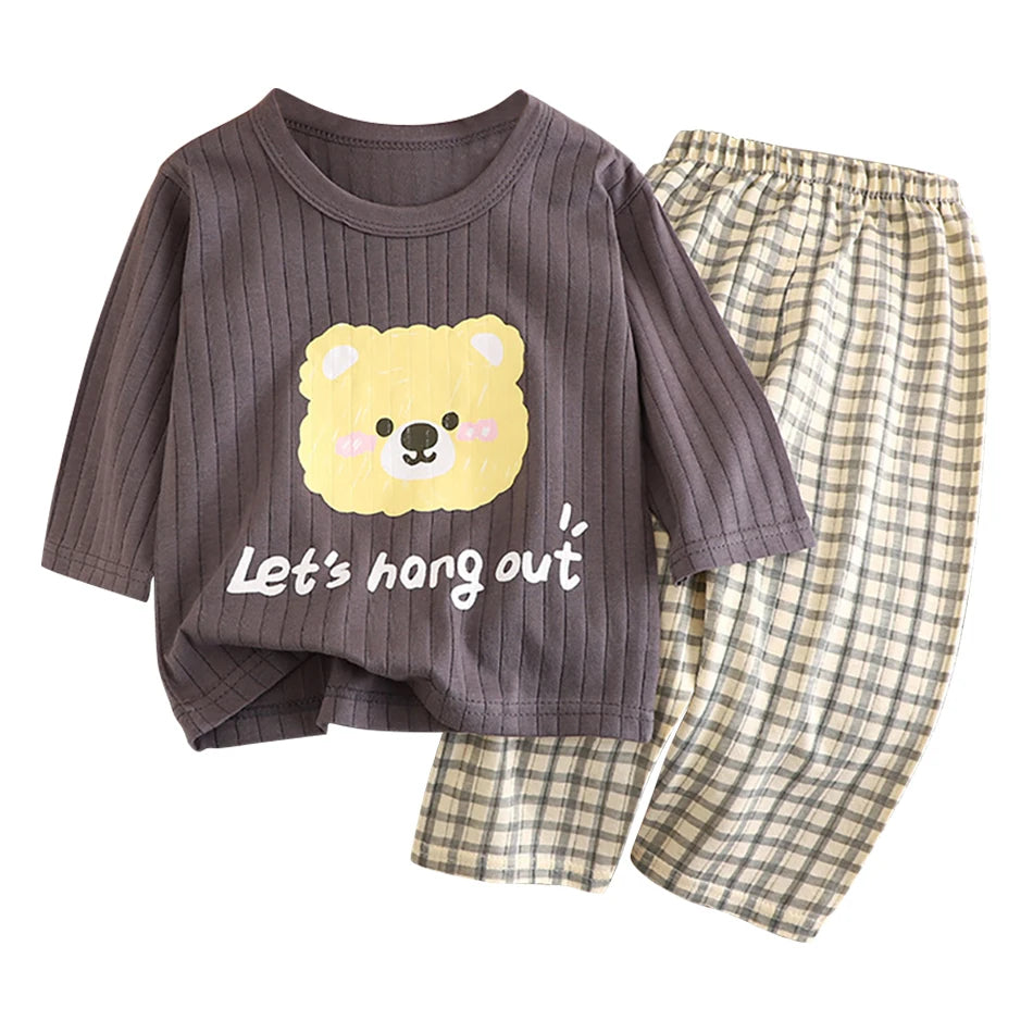 Summer Kids Cotton Pajama Sets Long Sleeve Pants Suitable Baby Gentle Nighttime Comfortable Sleepwear in Air Conditioned Rooms