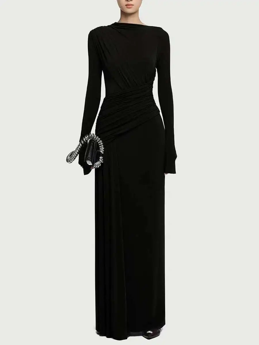QMQA Fashion Women's Asymmetric Pleated Elegant Dress Solid Color Long Sleeve High Waist Slimming Party Dresses 2025 New QM519