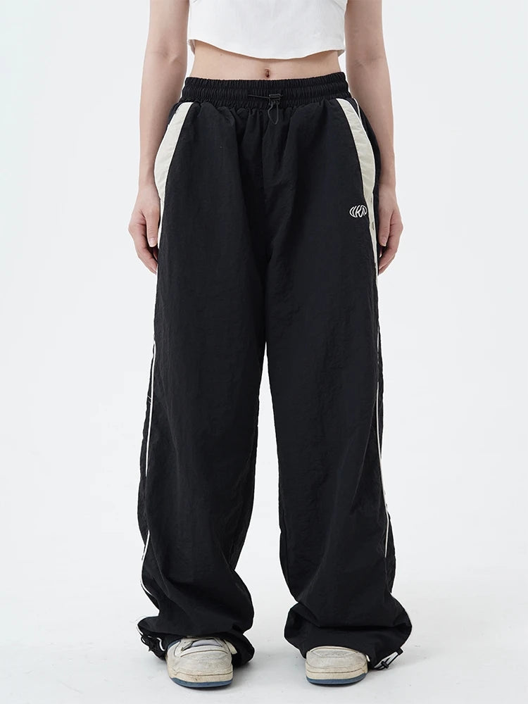 Women Spring Retro Solid Loose Drawstring Trousers Casual Joggers Baggy Wide Leg Sweatpants Mid Waist Sporty Y2k Female Clothes