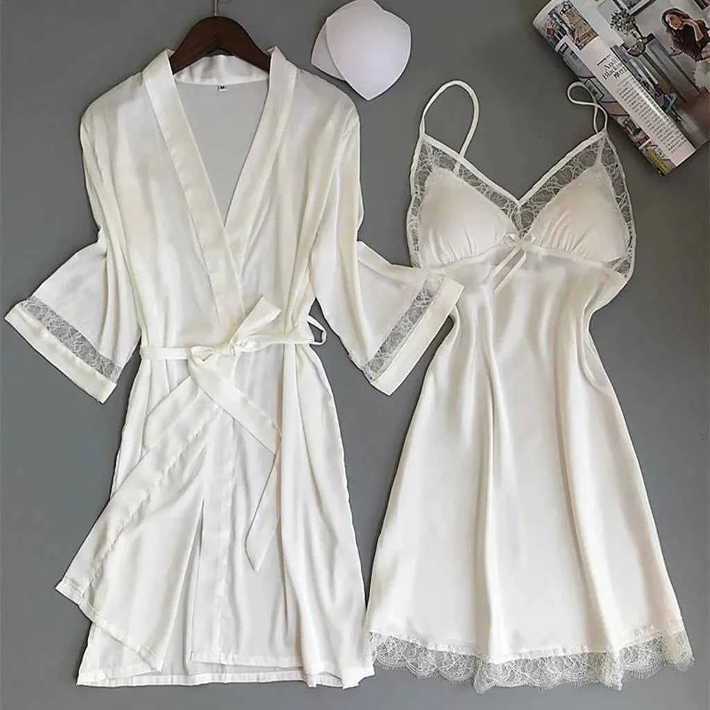 2pcs Women Pajamas Suit Silky Satin Nightgown Nightdress Set Lace Patchwork Lace-Up Women Bathrobe Sleepwear Set