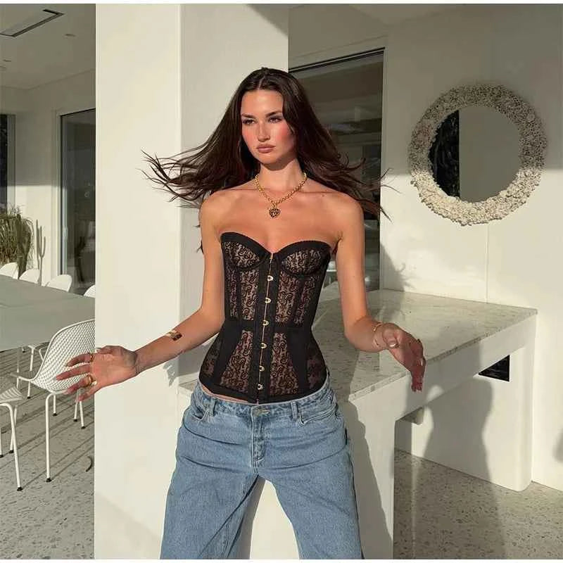 Sexy Women Black Lace Corset Vest Fashion See Through Hollow Out Strapless Top Chic Autumn 2025 New Party Lady High Street Vests