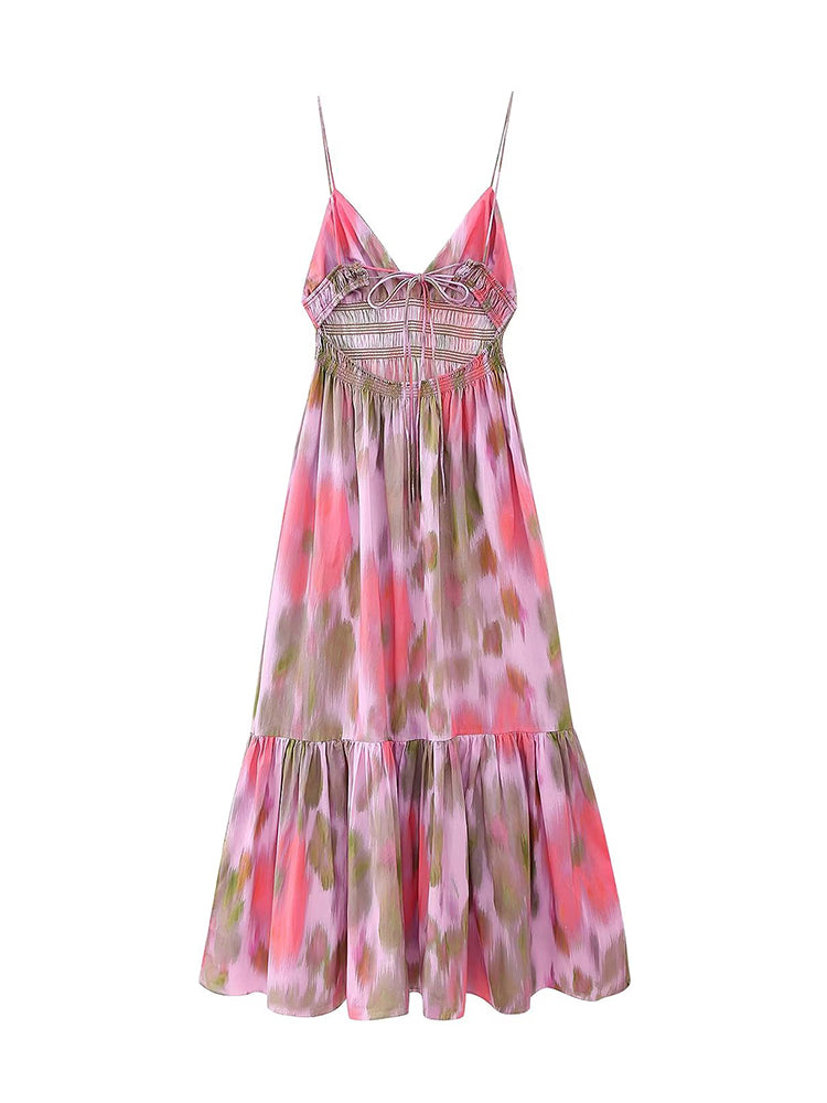 Willshela Women Fashion Printed Elastic Waist Backless Lace Up Midi Dress Vintage Thin Straps V-Neck Female Chic Lady Dresses