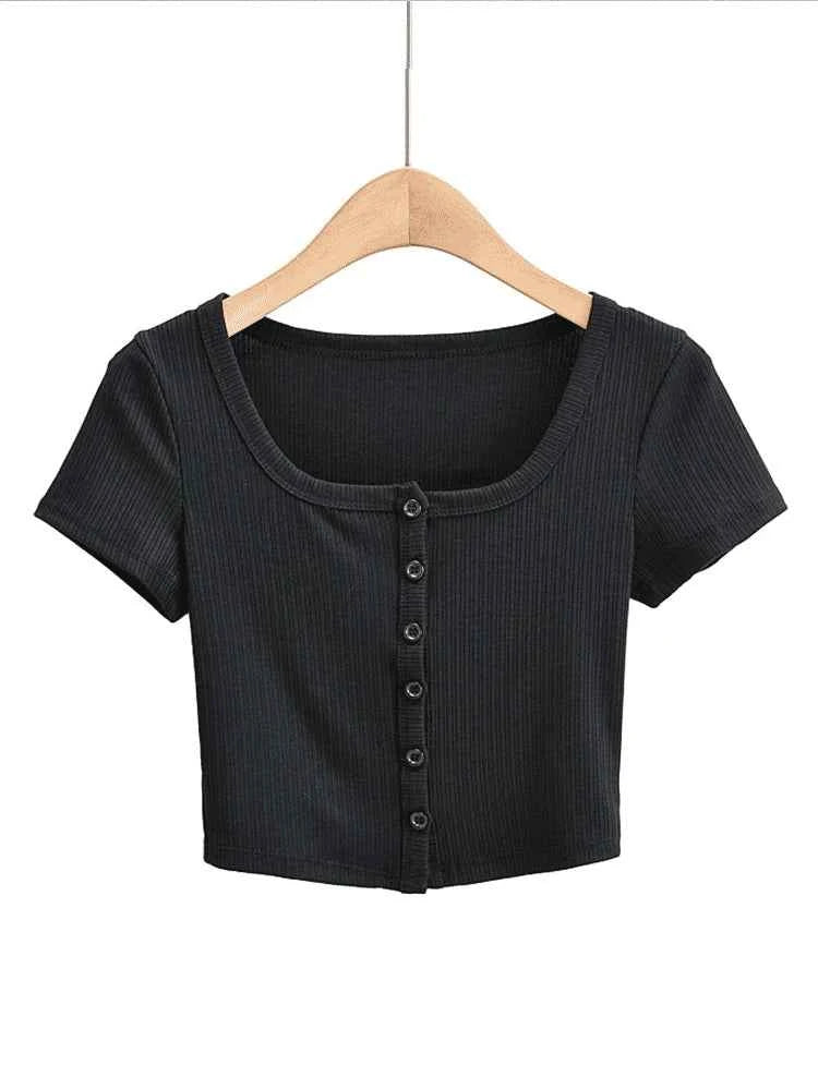 Women Rib Button Through Short Sleeve Top
