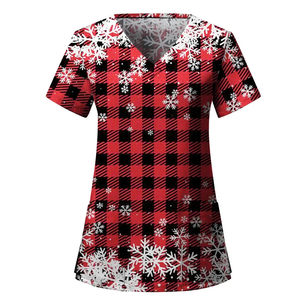 Womens Christmas Nurse T Shirt Print Short Sleeve V Neck Workwear With Pocket Working Nurse Work Wear Overalls Medical Uniforms