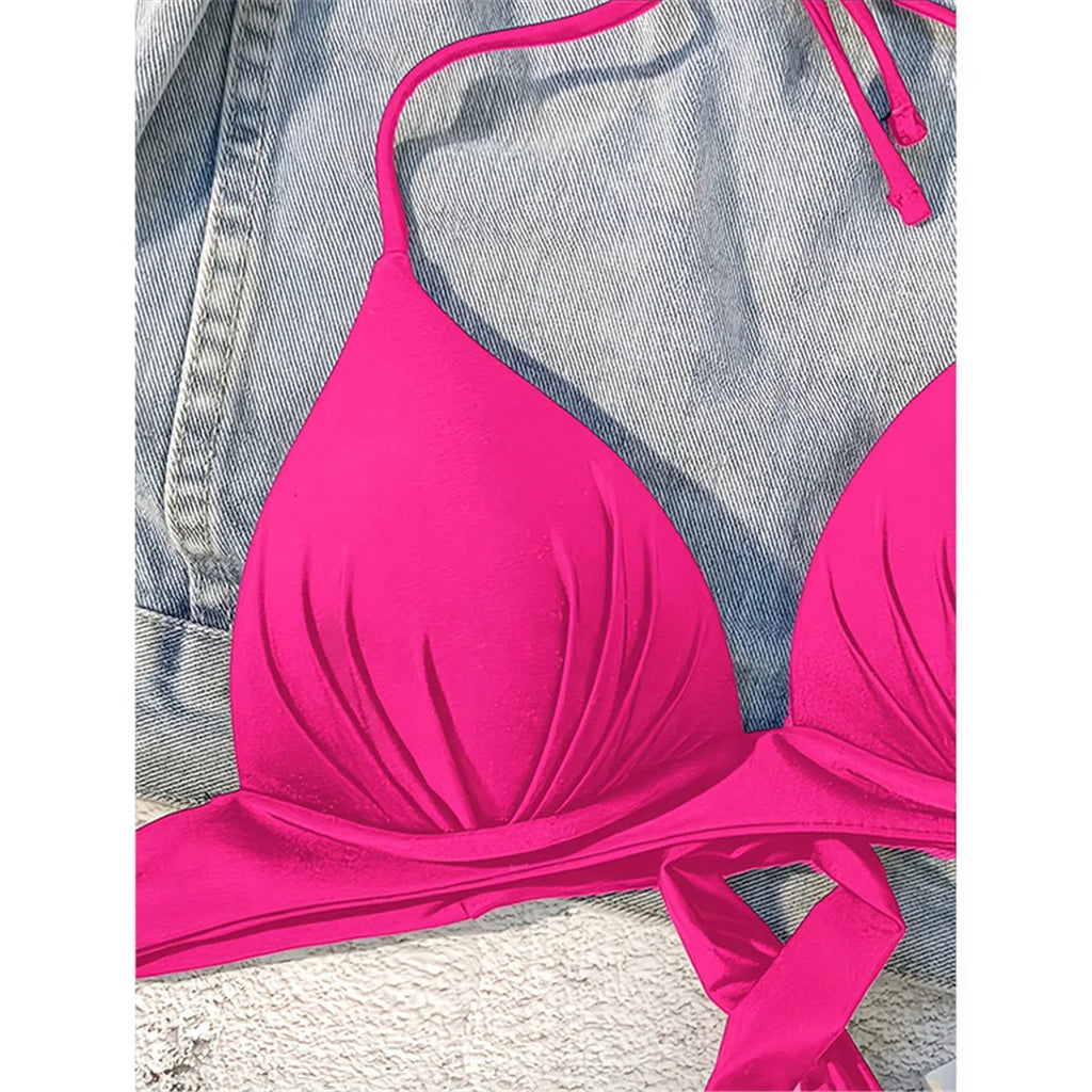 XS - XL New Sexy Push Up Bra Cup Halter Bikini Top Female Swimsuit Women Swimwear Bather Bathing Suit Swim Solid Beach Top V7019