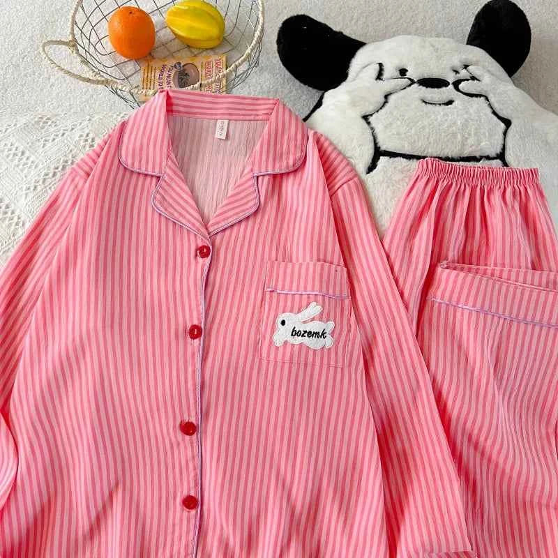 Embroidery Letter Pajamas Set Striped Rabbit Print Autumn Long Sleepwear Home Suit 2025 Lapel Neck New 2 Pcs Women's Pajamas