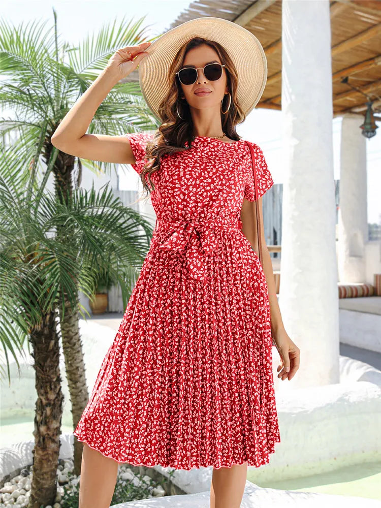 Msfilia Summer Print Pleated A Line Long Dress Women Short Sleeve High Waist Spring Round Neck Chic Dress with Belt