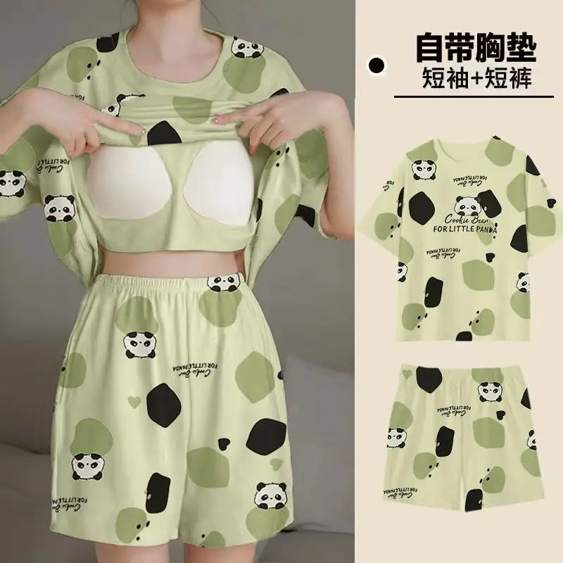 Summer Women's Pajamas Set Sleepwear 2 PCS - Short Tank Tops and Shorts with Chest Pad Womens Printing Pyjama Home Leisure Suit