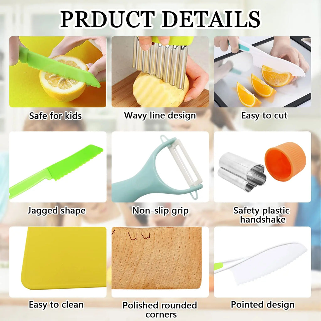 Kids Cooking Set Toys Montessori Kitchen Tools for Toddlers Kids Safety Plastic Knife Set With Cutting Board for Real Cooking