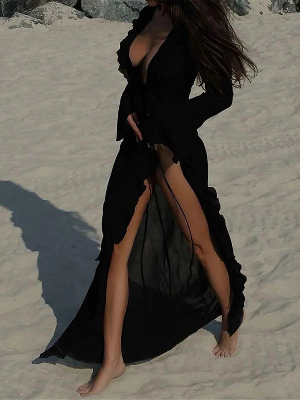 Women's V Neck Ruffled Long Sleeve Dress Chiffon Tunic Beach Cover Up Cover-ups Beach Dress Sunscreen Beachwear Vacation V5976B