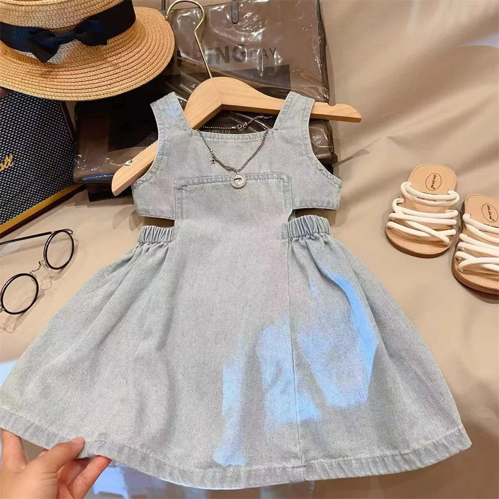 Summer Girls Blue Denim Sling Dress 2 - 7 Years Old Kids' Waist - Revealing Design Casual Princess Dress Stylish Children Outfit