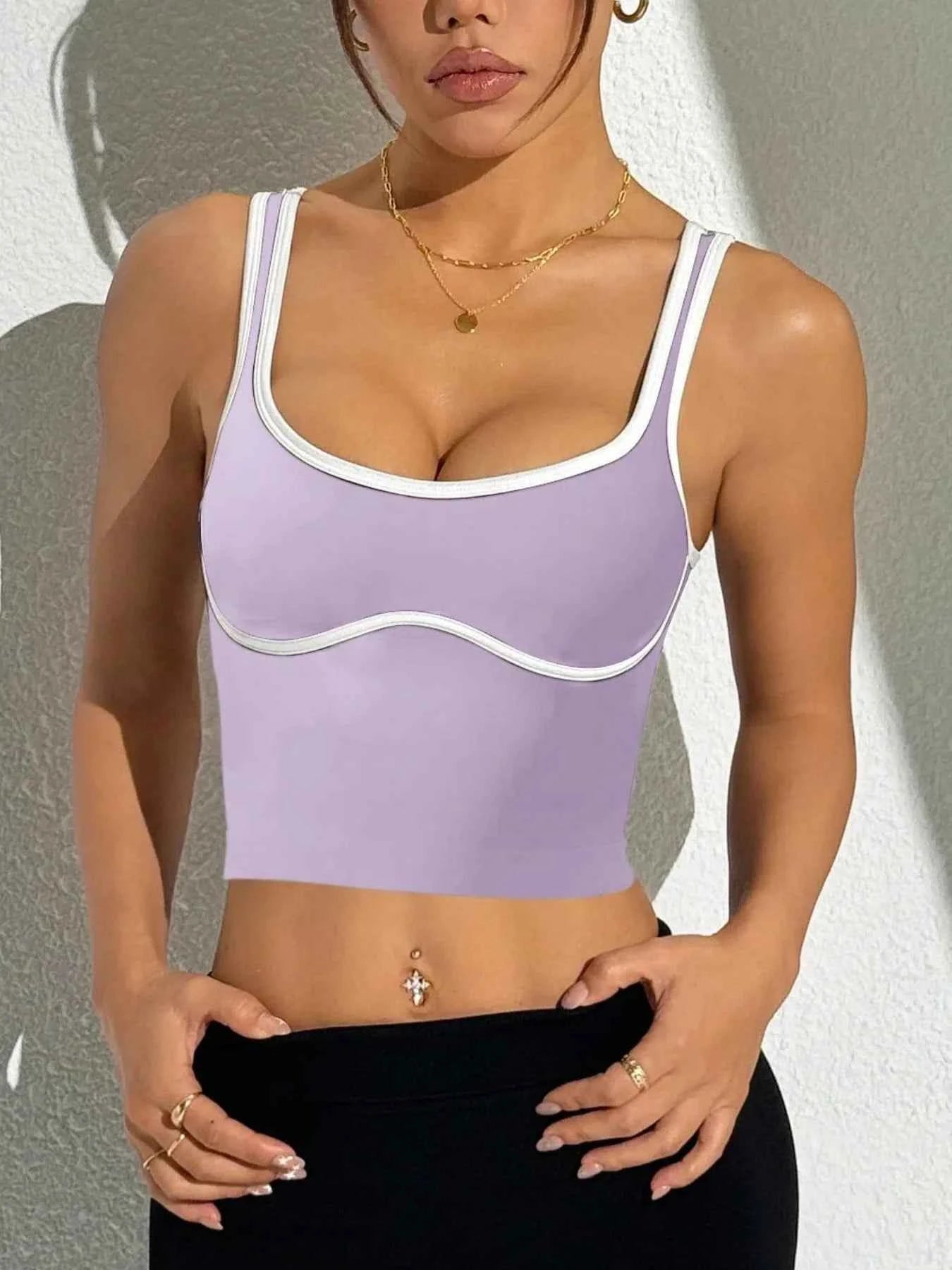 Ladies Seamless Sports Tank Top Fashion Color Block Decor Yoga Outdoor High Elasticity Sleeveless U-Back Vest
