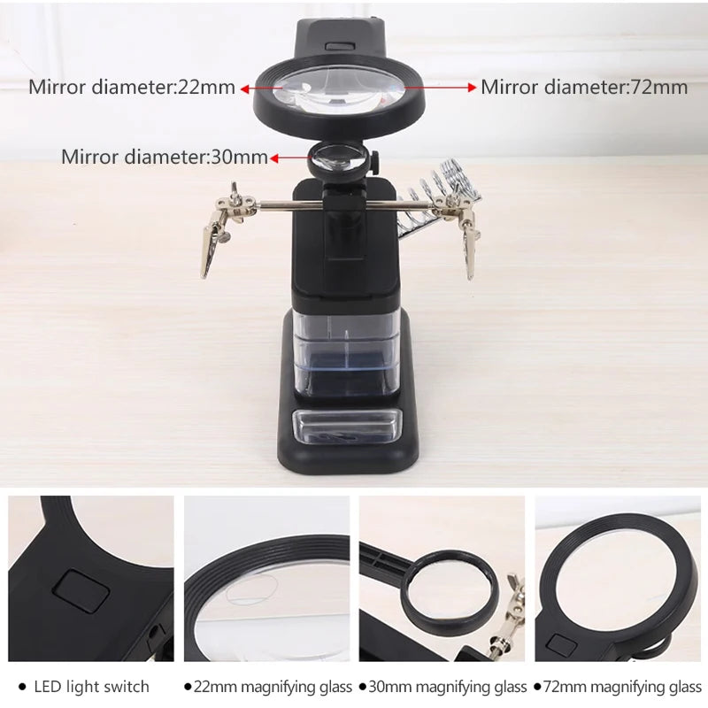 LED Light Desktop Magnifying Glass Soldering Station USB Adjustable Helping Hands Magnifier with LED Light and Alligator Clips