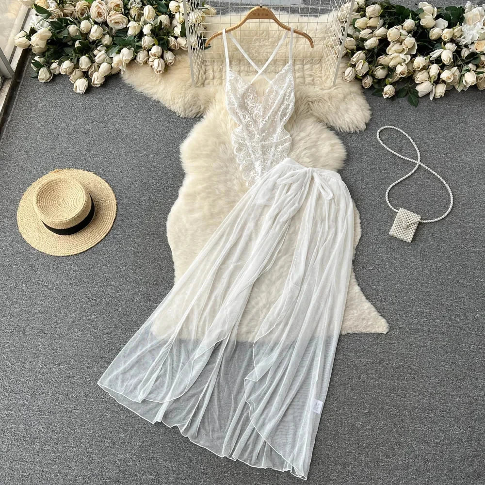 Summer Girls Sexy Hot Sweet Transparent Suspender Mini Dress Women Elastic Waist And Backless Strap Lolita Pajamas Bubble Skirt