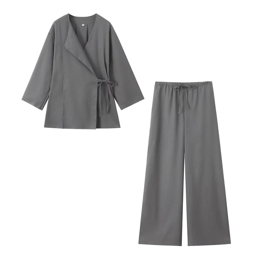 HH Pajama Style Pants Sets Women Fashion Kimono Style Lace Up Shirt Top Elastic Waist Trousers Women's Casual Outfits