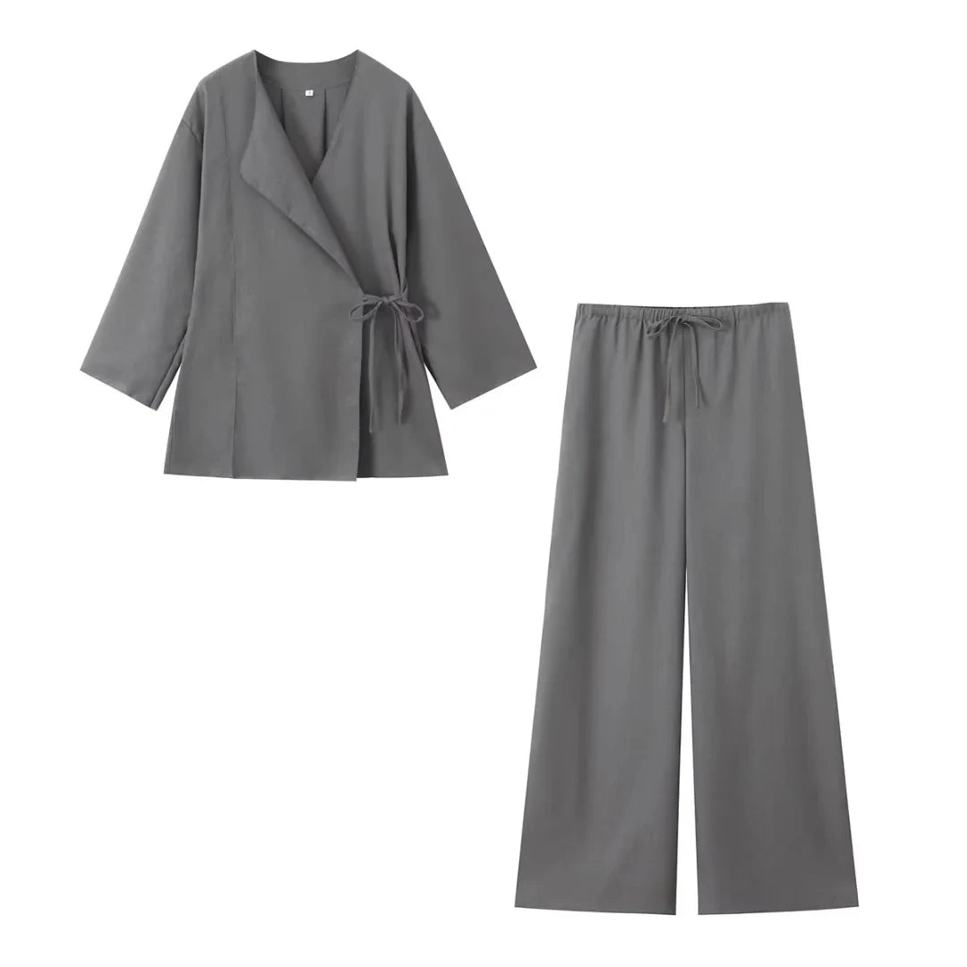 HH Pajama Style Pants Sets Women Fashion Kimono Style Lace Up Shirt Top Elastic Waist Trousers Women's Casual Outfits