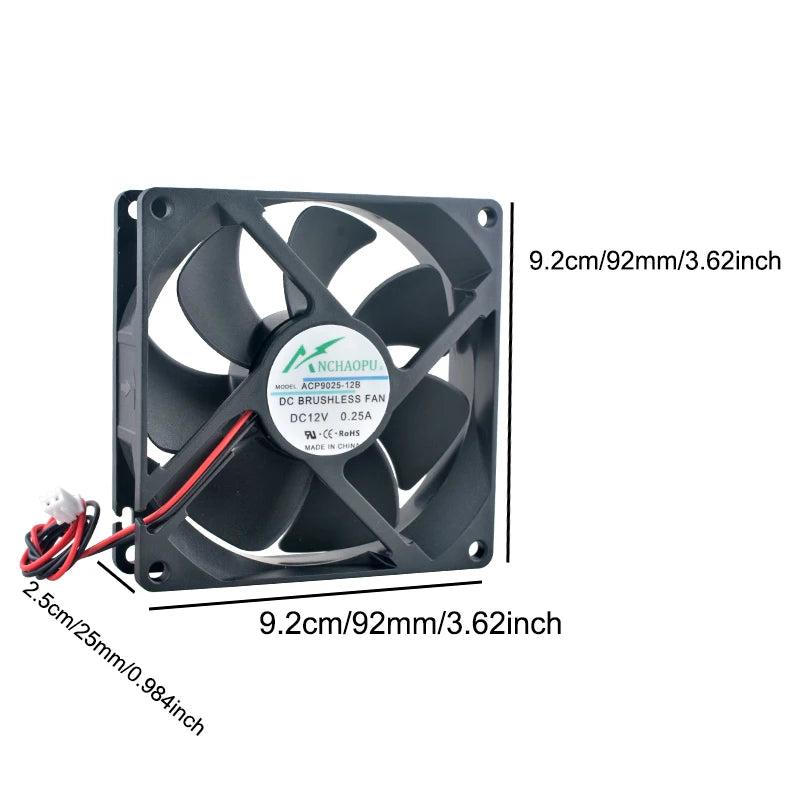 ACP9025 92x92x25mm Axial Cooling Fan DC5V/12V/24V 2Pin for Chassis Power Supply Inverter Cooling High Airflow Quiet Operation