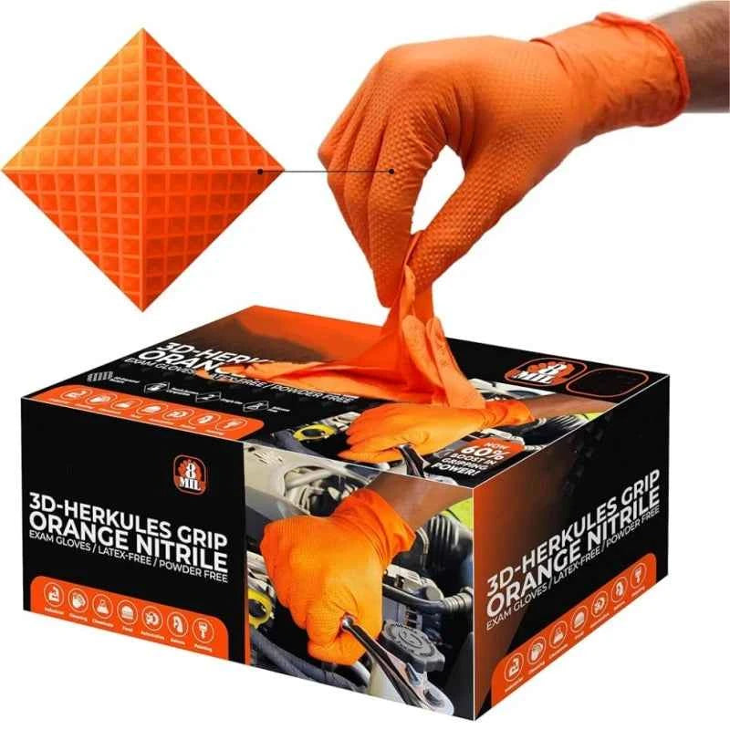 Orange Nitrile Gloves Disposable 8Mil Super Duty Diamond Textured Safety Protective Work Gloves Auto Mechanic Industrial Gloves