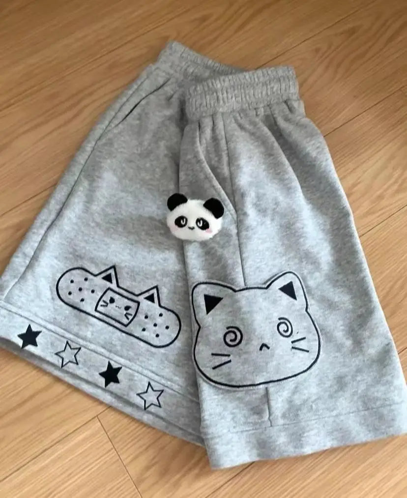 HOUZHOU Japanese Style Kawaii Women Shorts Cute Anime Cat Embroidery Short Pants Sweet Soft Girl Wide Leg Shorts Preppy Casual