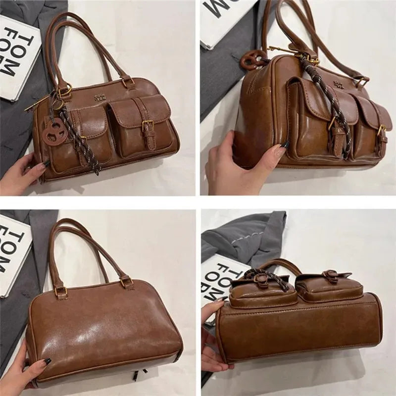 Women Multi Pocket Shoulder Tote Bag with Golden-Tone Hardware & Letter, Stylish Handbag Purse for Travel, Work, Shopping, Dates