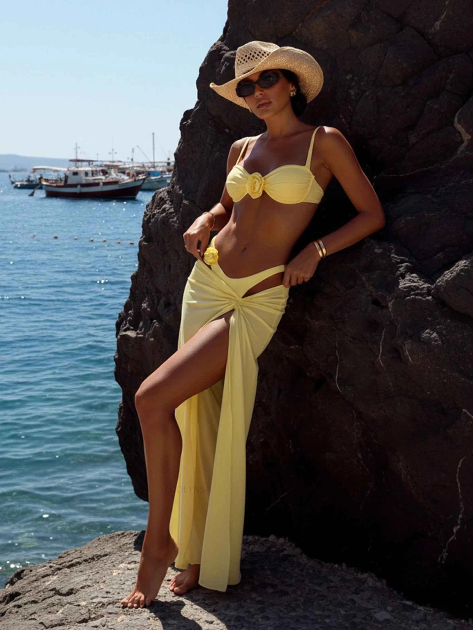 Butter Yellow 3-Piece Bikini Set Flower Chi Bathing Suit with Long Skirt Coverup Beach Outfit Resort Wear 2025 New Swimsuit K303