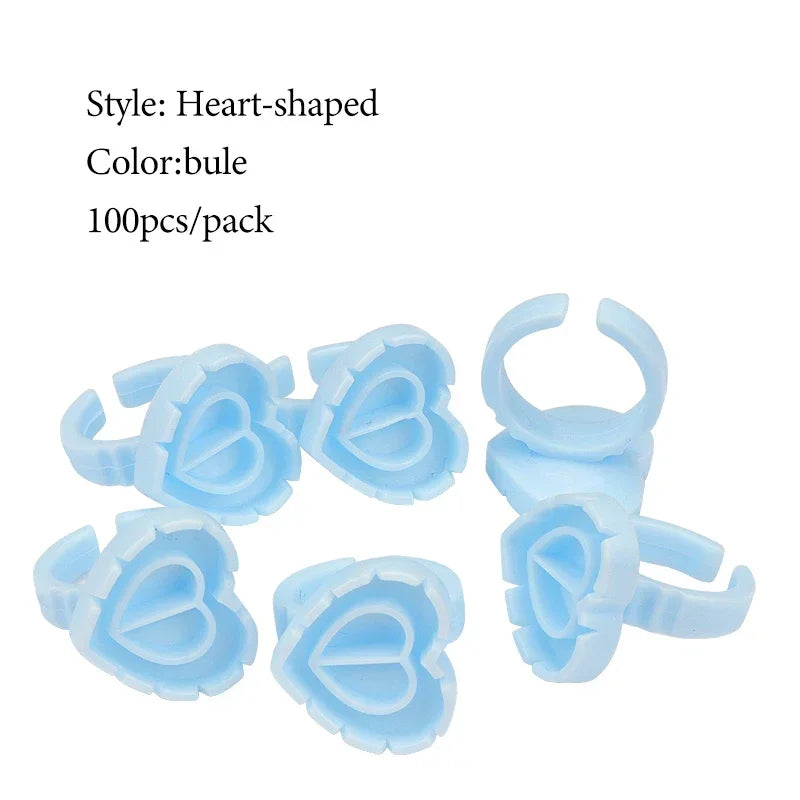 100 PCS Disposable Heart-shaped Plastic Glue Ring Cup Eyelash Extension Tattoo Pigment Holder Pallet Lash Makeup Supplies Tools