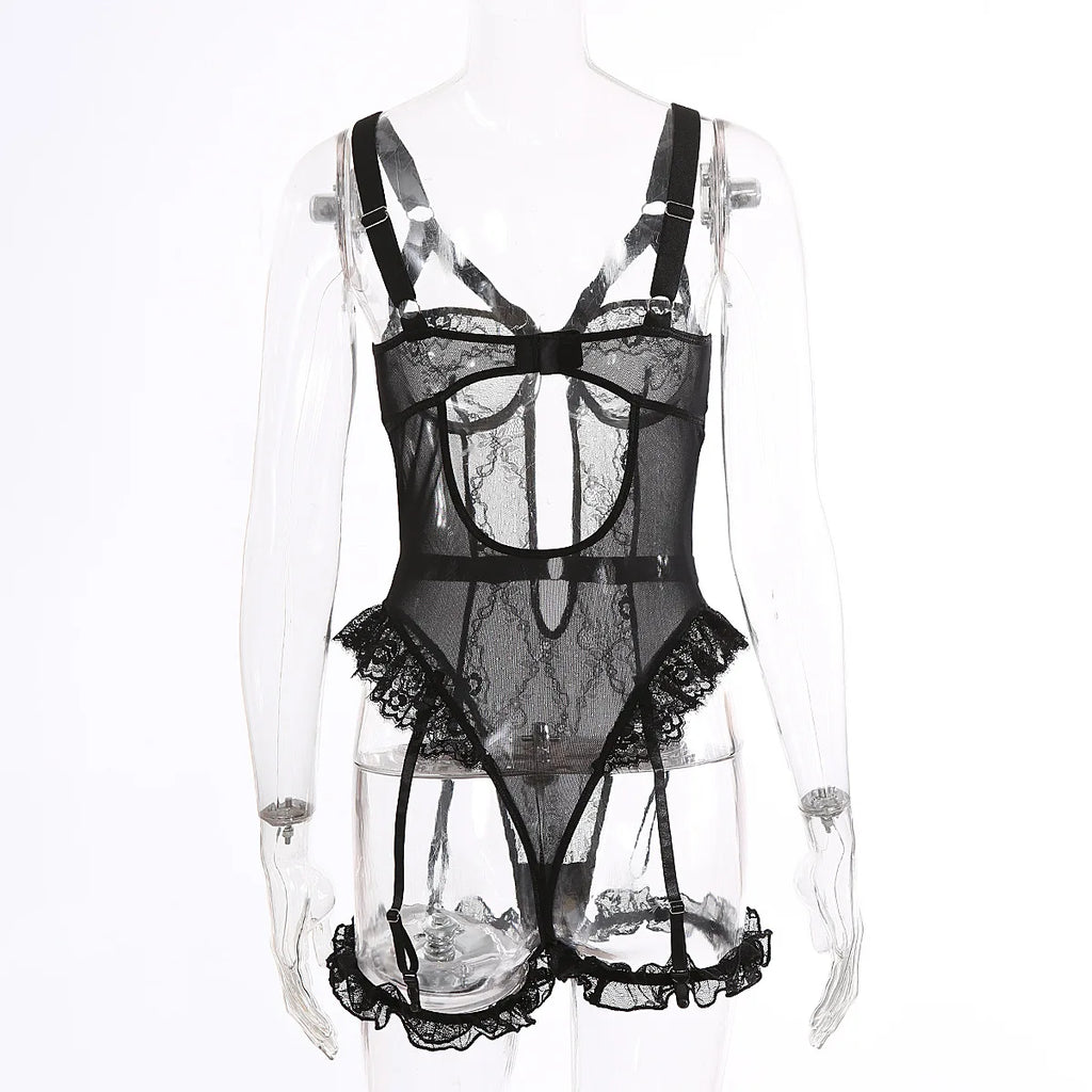 Pink Embroidery Floral Backless Sexy Mesh Sheer See Through One-piece Rompers Women Sexy Lingerie Slim Bodysuit Female Clubwear