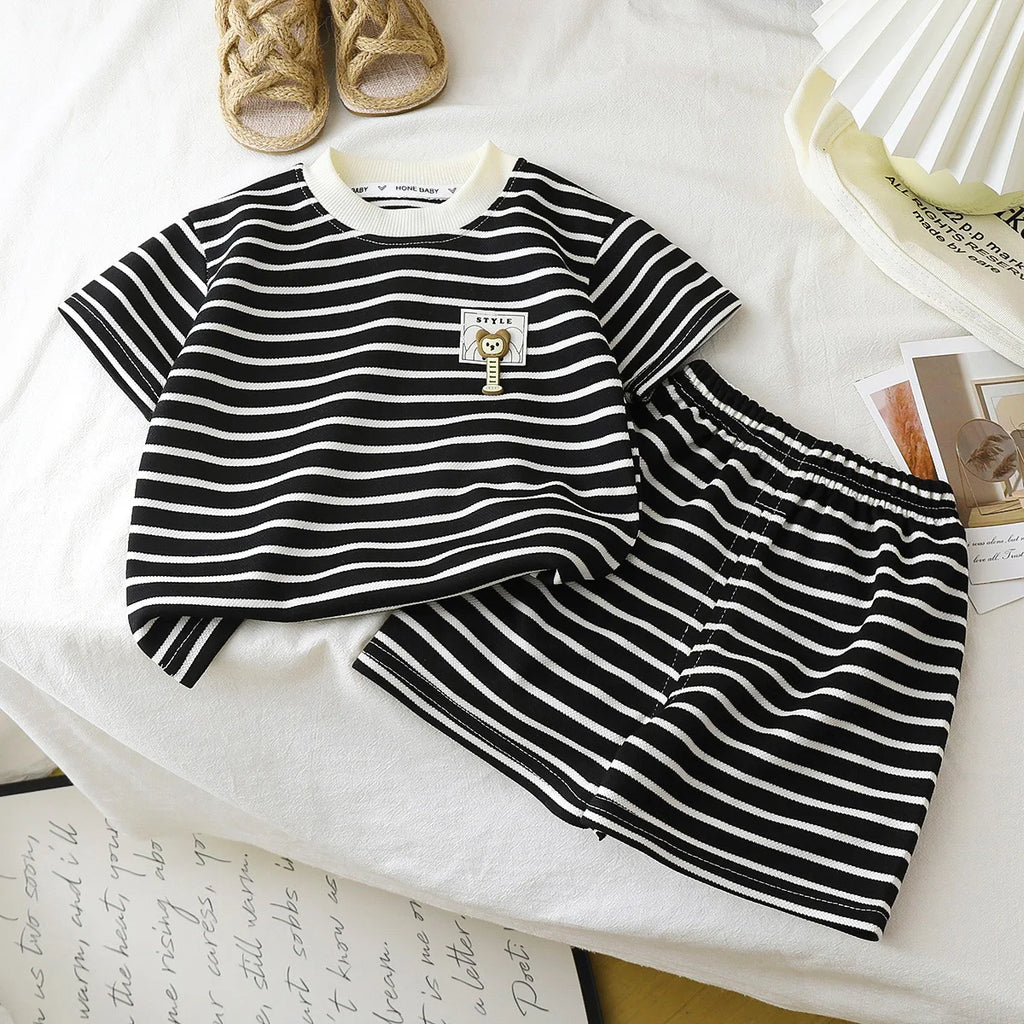 Children's Suit 2PCS Set New Summer Short Sleeve +Shorts Striped Boy Girl Child T-shirt Baby Clothes Children's Clothing