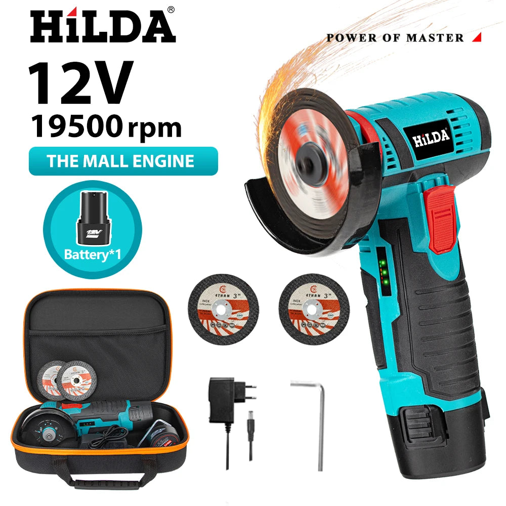 HILDA 3 inch 12V Miniature Rechargeable Angle Grinder with Battery Cutting Blade Polishing Grinder for Cutting Diamond Cordless