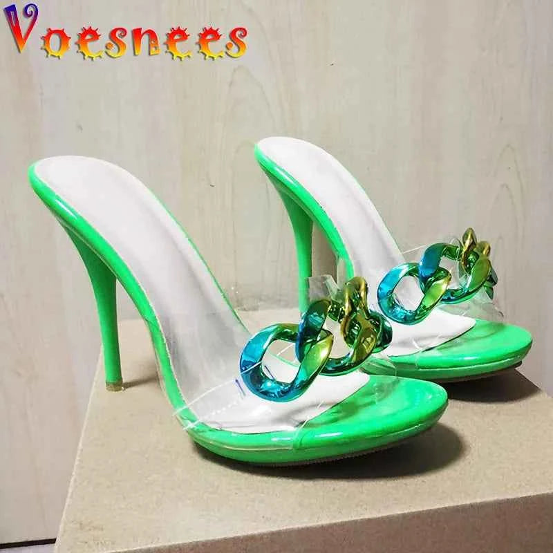 2022 New Diamond Chain Women Pumps Slippers Thin High Heels Party Shoes Fashion Solid Color Summer Dress Sandals Shallow Mouth