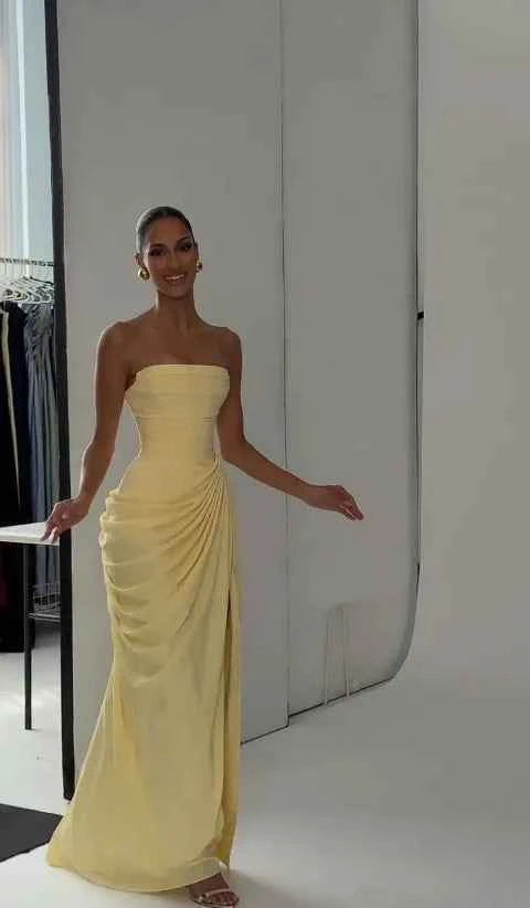 Lady Sexy Strapless Split Solid Pleated Dress Women Chic Backless High Waist Off-shoulder Dresses 2026 New Evening Party Gowns