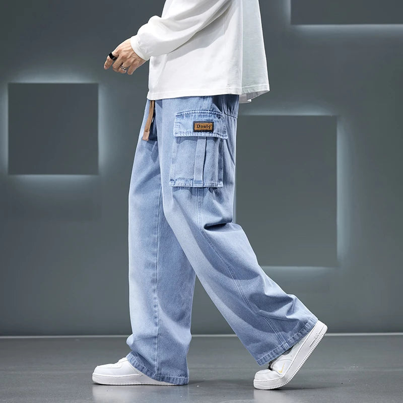 2026 New Wide Leg Washing Jean Pants Men Trousers Neutral Solid Color Loose Casual Fashion Pocket Cargo Pants Big Size 8XL