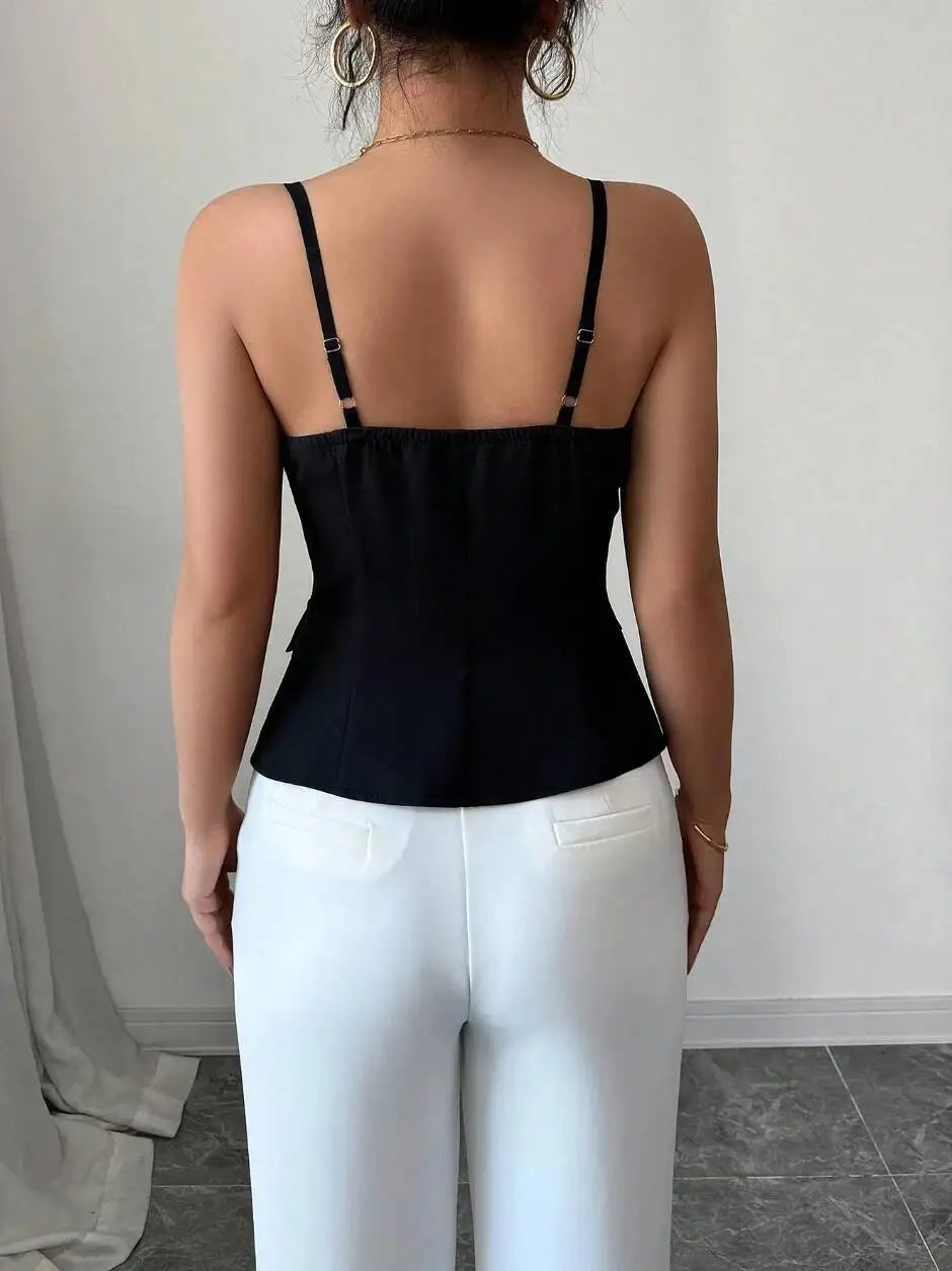Women's Casual Tank Top Spring Summer Black Top Spaghetti Strap Sweetheart Neck Button Slim Fit Valentine's Day Elegant Sexy Top