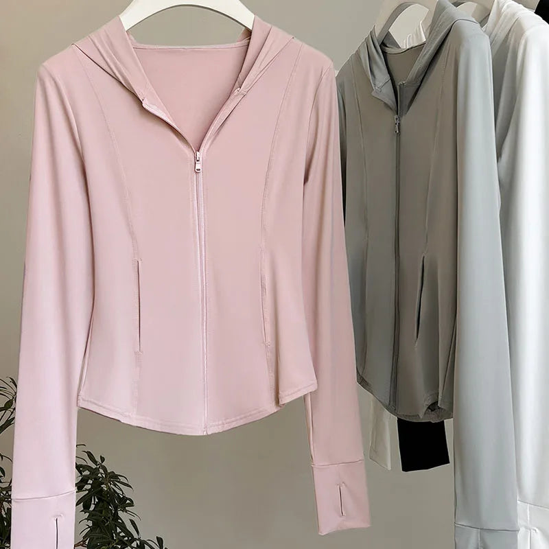 Women's Lce Silk Sun Protection Jacket 2026 New Long Sleeve Hooded Summer Thin Zipper Cardigan Korean Short Slim Sports Outwear