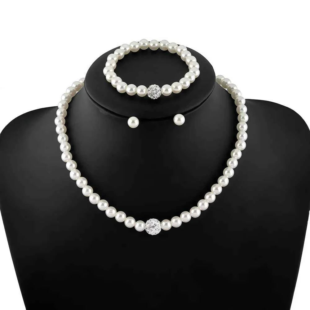 3 PCS Imitation Pearl Fireball Necklace Bracelet Earring Stud Jewelry Set Silver Color Crystal Stone Elegant Bridal Jewelry Gift