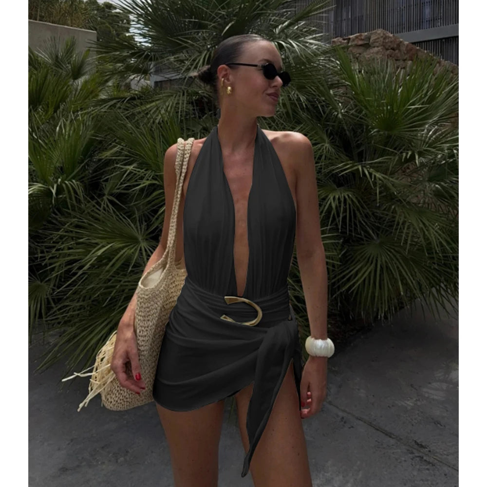 Two Pieces Micro Bikini 2026 Sexy Swimsuit Women Halter Swimwear Biquini Female Solid Bodysuit Bathing Suits Sarong Mini Skirt