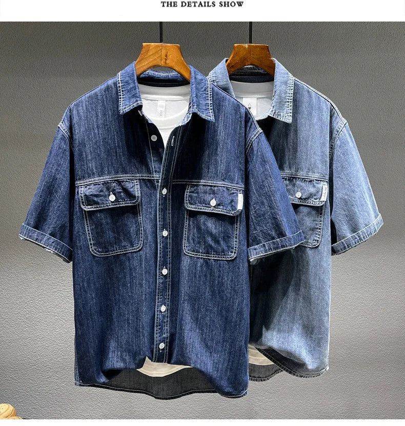 Summer New Men's Denim Short-sleeved Shirt Retro Large Size Tooling Loose Casual Denim Tops All-match 7XL 8XL