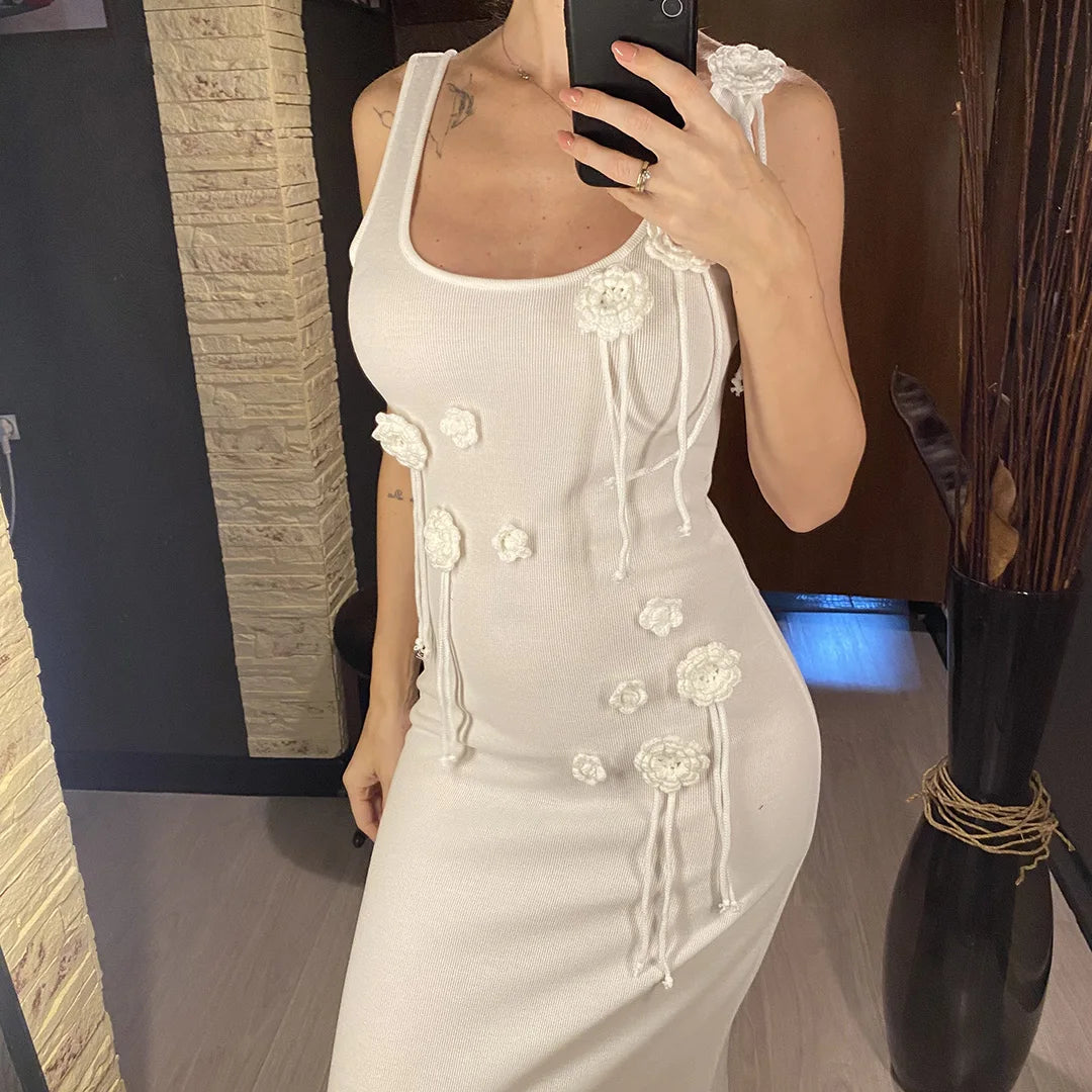 Beachwear Cover-ups Knitted Beach Dress Women Vacation Fashion 3D Flower Slim Holiday Outfits Summer Maxi Party Dresses V6181