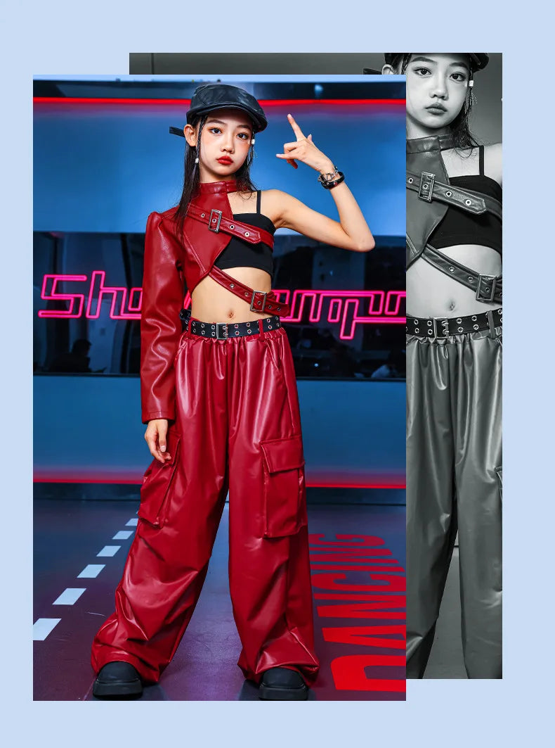 Kid Hip Hop Clothing T Shirt Crop Top Wine Red Arm Sleeve Faux Leather Casual Cargo Pants for Girl Jazz Dance Costumes Clothes