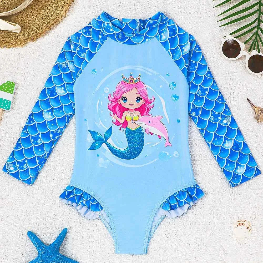 Baby Toddler Girl Long Sleeve Ruffle Swimsuit Lovely Cartoon Mermaid Princess Bathing Suit Summer Swim Costume for Surfing