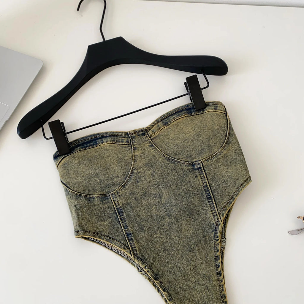 SINGREINY Hot Girl American Retro Sexy Top Female 2026 Minimalist Sleeveless Edgy Beach Bodysuit Strapless 1950s Denim Tank Top