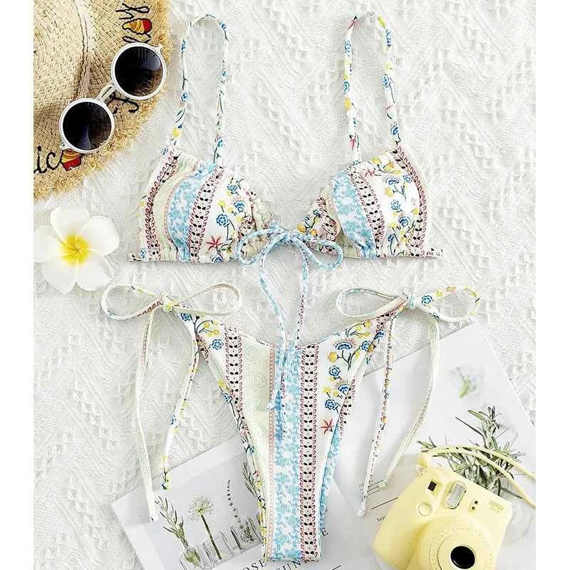 BIQIUYYI New Floral Print String Bandage Bikinis Triangle Cup Push Up Swimsuit Women Bathing Suit Beachwear Halter Swimwear XS