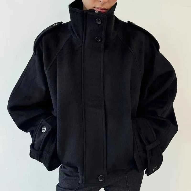 Elegant Women's Short Woolen Coats Stand Collar Double Breasted Long Sleeve Female Jacket 2025 Autumn Winter Lady Warm Outwear