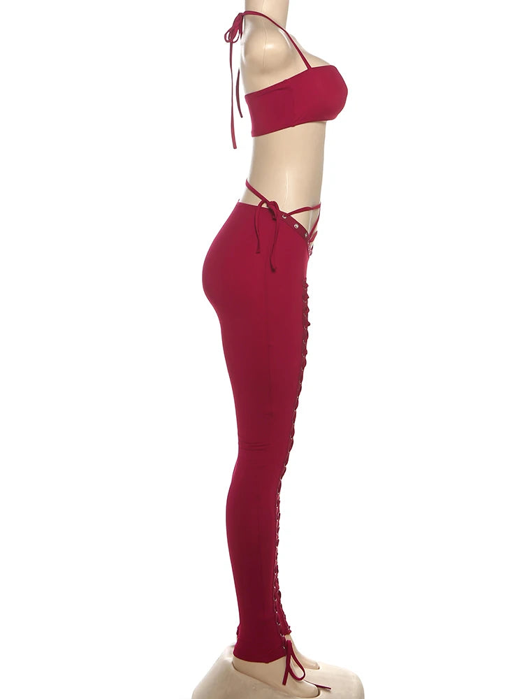 Weird Puss Sexy 2piece Set Women Hipster Halter Camisole+Shirring Hollow Pants Midnight Matching Stretch Clubwear Skinny Outfits
