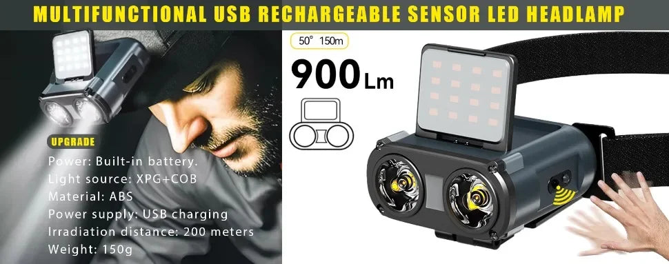 COB LED Headlamp Induction Head Lamp Built-in Battery USB Rechargeable Head Flashlight Outdoor Camping Fishing Sensor Headlight