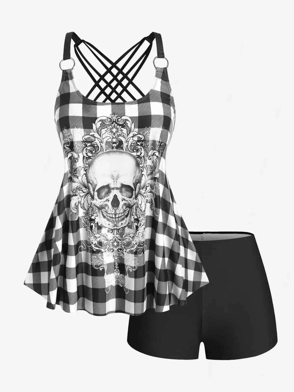 Rosegal Womens Tankini Swimsuit Set Plus Size Modest Skull Plaid Rings Crisscross Boyshorts Swimmwear