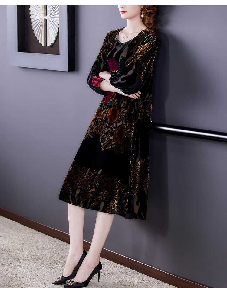 Large Size Gold Velvet Dress Women's Autumn New High-End Mulberry Silk Burnt Flower Dress Luxurious Temperament Vestidos